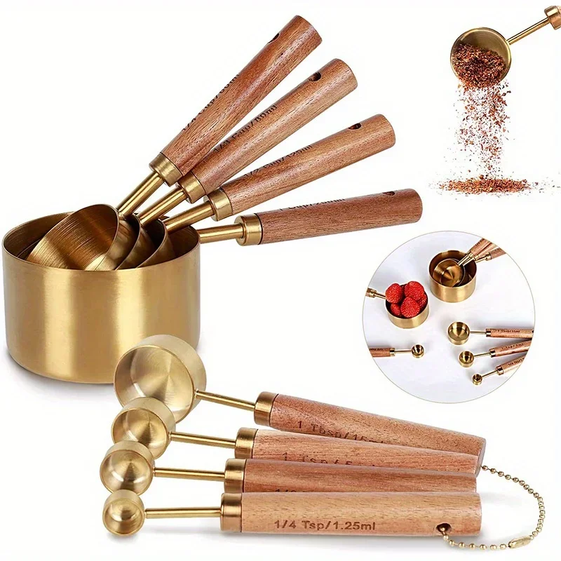 4/8Pcs Wooden Handle Stainless Steel Coffee Measuring Spoon Set